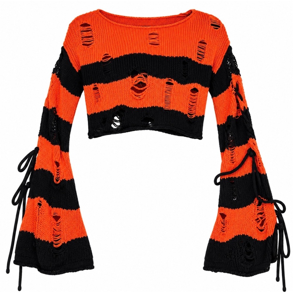 Cropped Halloween Sweater Women Sz Small Orange Black Distressed Freddy Kruger